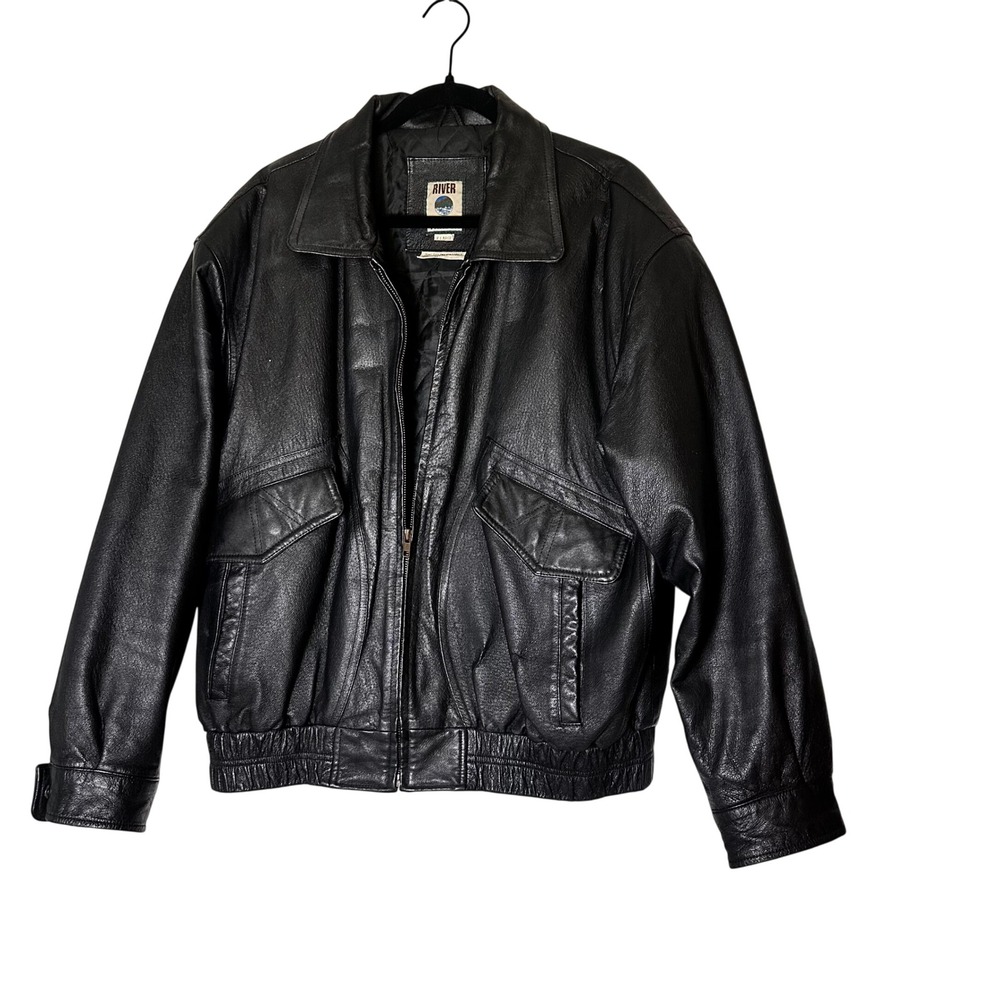 River Trader Mens XL Black Genuine Leather Bomber Jacket Quilted Lined Zip Coat
